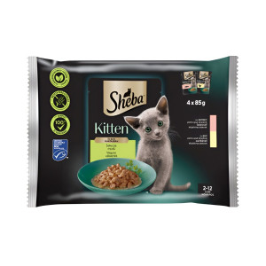 Hrana umeda pentru pisici Sheba, junior, somon si carne de pui, in sos, 4 x 85 g
