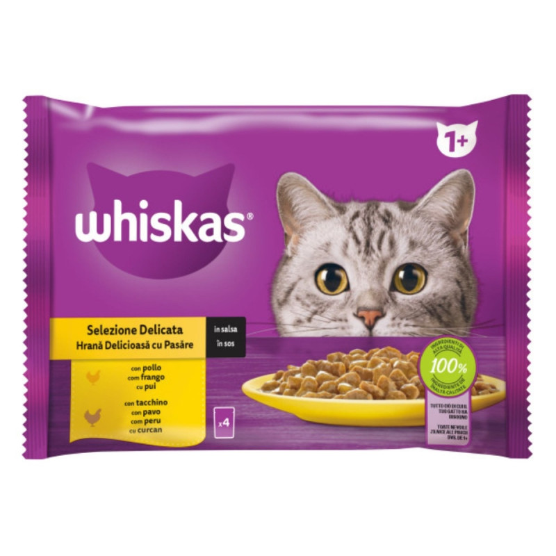 Hrana umeda pentru pisici, Whiskas Selection, adult, pui si curcan in sos, 4 plicuri x 85g