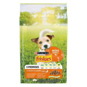 Hrana uscata caini, Friskies Mini Menu, punga 1.5 kg, talie mica, adult, carne de pui si legume